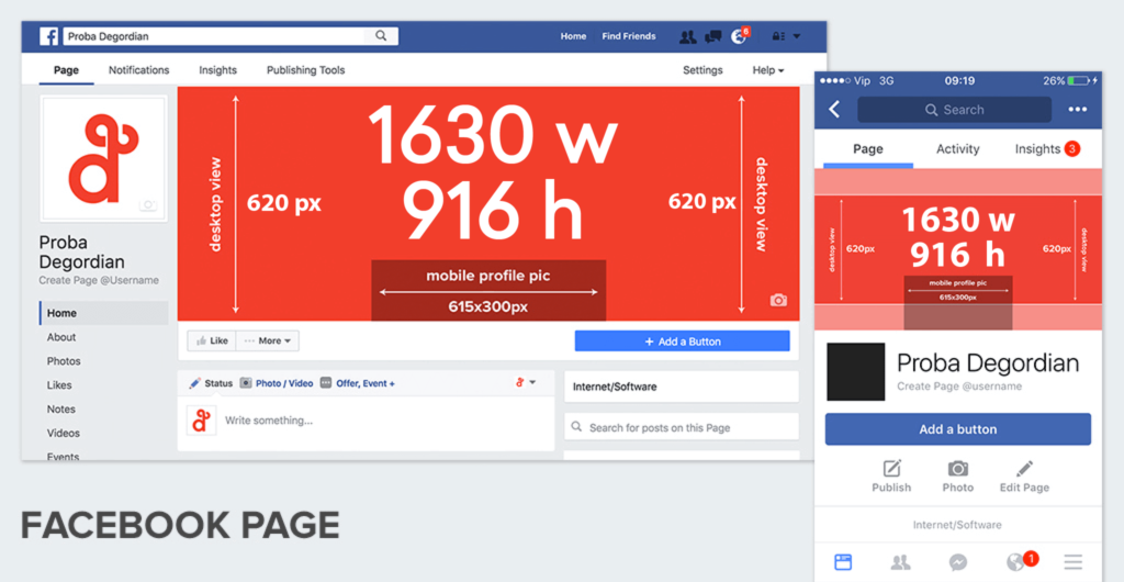 Facebook cover photo dimensions shown on web browser and mobile view