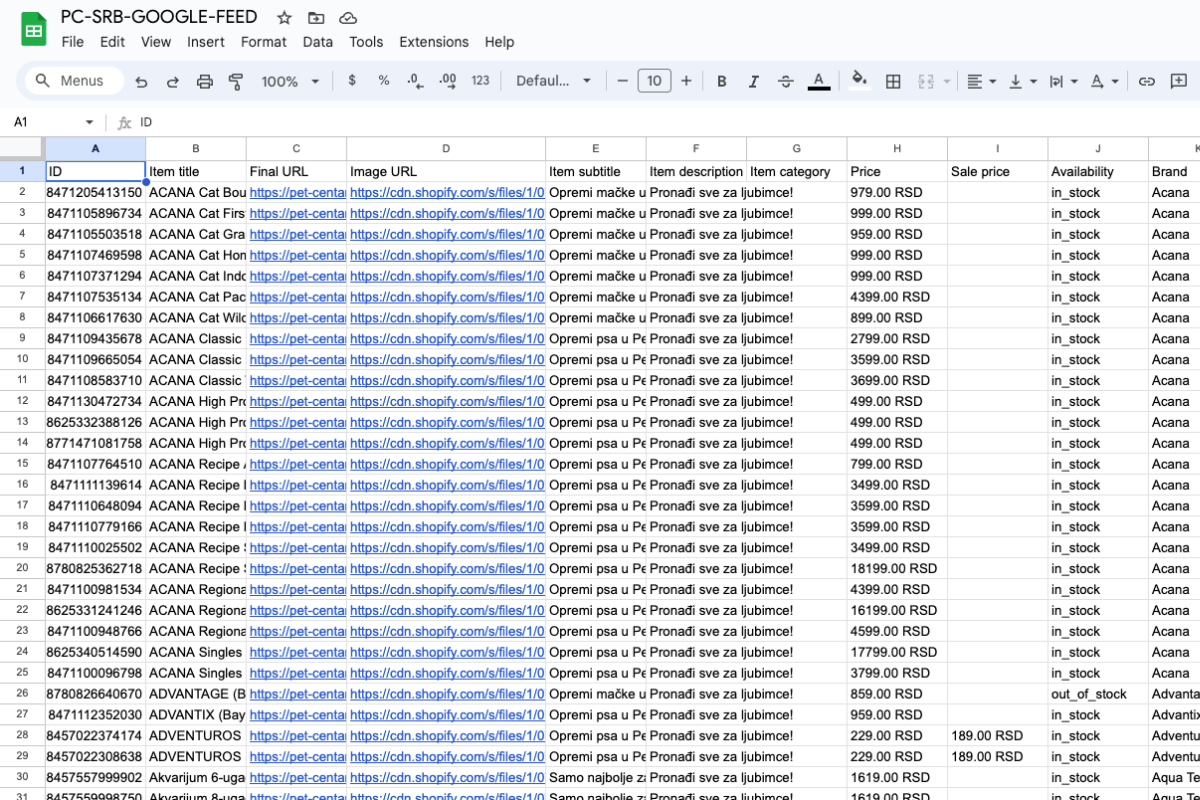 custom product feed in google sheets