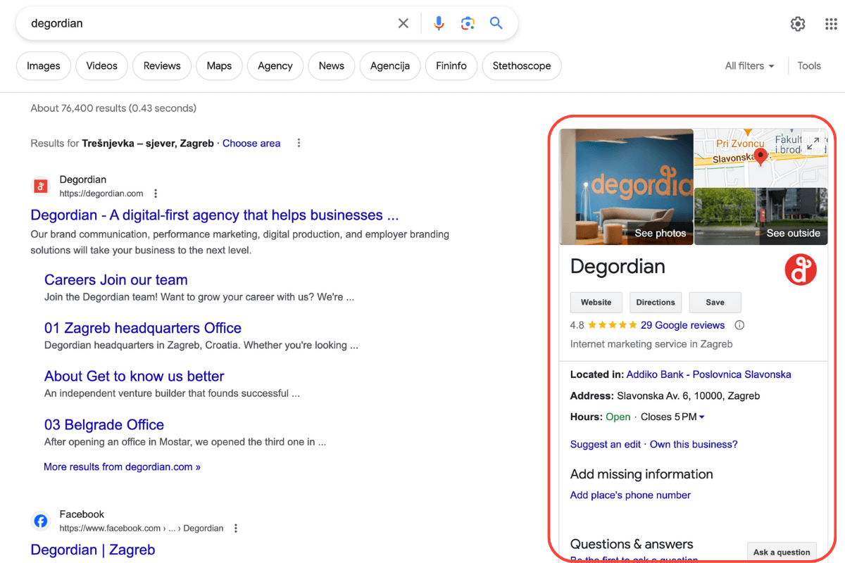 google my business (GMB) results page view of degordian